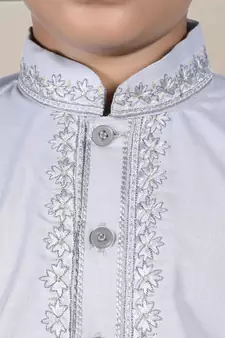 Grey embroidered cotton boys-kurta-pyjama