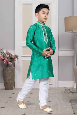 Green embroidered art silk boys-kurta-pyjama 3