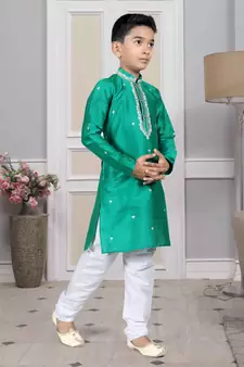 Green embroidered art silk boys-kurta-pyjama