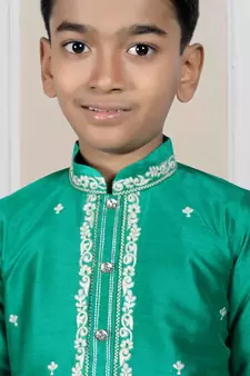 Green embroidered art silk boys-kurta-pyjama