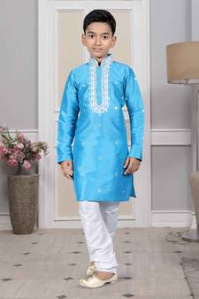 Blue embroidered art silk boys-kurta-pyjama