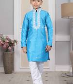 Blue embroidered art silk boys-kurta-pyjama