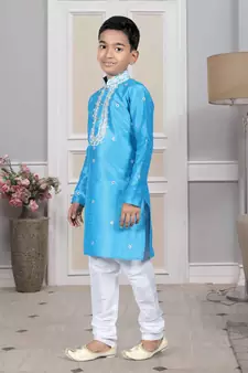 Blue embroidered art silk boys-kurta-pyjama