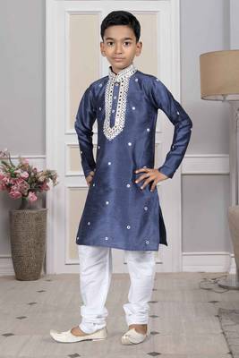 Blue embroidered art silk boys-kurta-pyjama 1