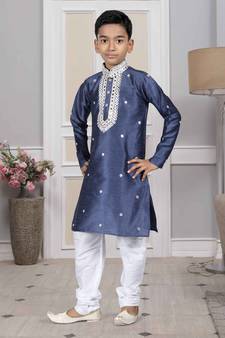 Blue embroidered art silk boys-kurta-pyjama