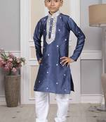 Blue embroidered art silk boys-kurta-pyjama