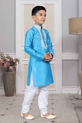 Blue embroidered art silk boys-kurta-pyjama 3