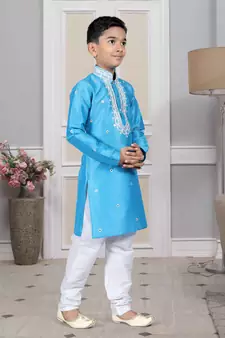Blue embroidered art silk boys-kurta-pyjama