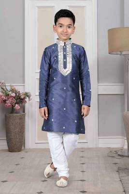 Blue embroidered art silk boys-kurta-pyjama 4