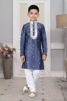 Blue embroidered art silk boys-kurta-pyjama