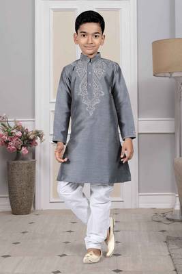 Grey embroidered art silk boys-kurta-pyjama 1
