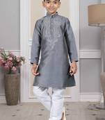 Grey embroidered art silk boys-kurta-pyjama