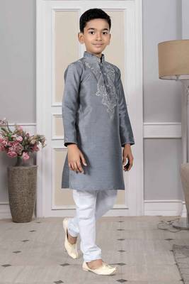 Grey embroidered art silk boys-kurta-pyjama 2