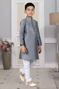 Grey embroidered art silk boys-kurta-pyjama