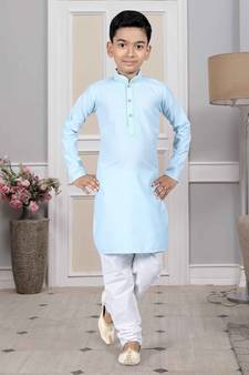 Blue embroidered cotton boys-kurta-pyjama