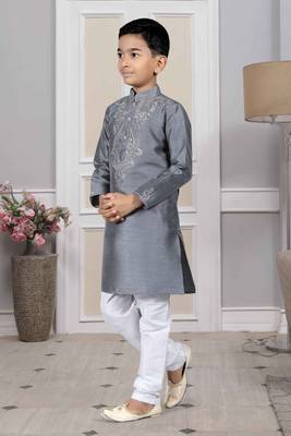 Grey embroidered art silk boys-kurta-pyjama 3