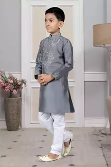 Grey embroidered art silk boys-kurta-pyjama