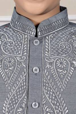 Grey embroidered art silk boys-kurta-pyjama 4