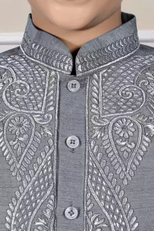Grey embroidered art silk boys-kurta-pyjama