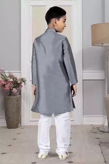 Grey embroidered art silk boys-kurta-pyjama