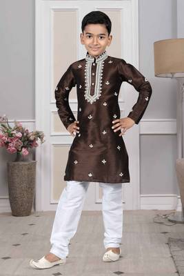 Brown embroidered art silk boys-kurta-pyjama 1