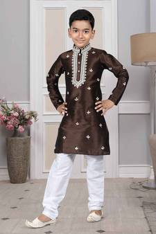 Brown embroidered art silk boys-kurta-pyjama