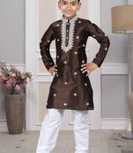 Brown embroidered art silk boys-kurta-pyjama