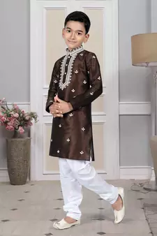 Brown embroidered art silk boys-kurta-pyjama