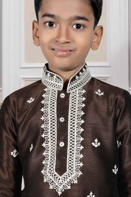 Brown embroidered art silk boys-kurta-pyjama 3