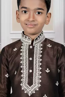 Brown embroidered art silk boys-kurta-pyjama