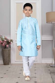 Blue printed art silk boys-kurta-pyjama