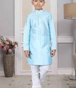 Blue printed art silk boys-kurta-pyjama