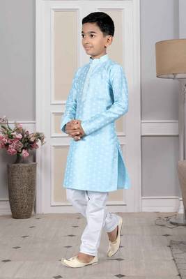 Blue printed art silk boys-kurta-pyjama 2