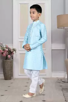 Blue printed art silk boys-kurta-pyjama