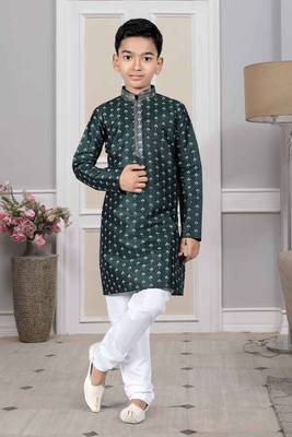 Green printed art silk boys-kurta-pyjama 1