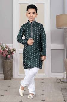 Green printed art silk boys-kurta-pyjama