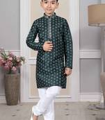 Green printed art silk boys-kurta-pyjama