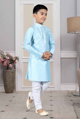 Blue printed art silk boys-kurta-pyjama 3