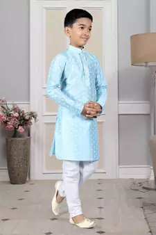 Blue printed art silk boys-kurta-pyjama