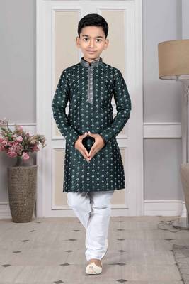 Green printed art silk boys-kurta-pyjama 2