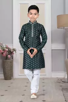 Green printed art silk boys-kurta-pyjama