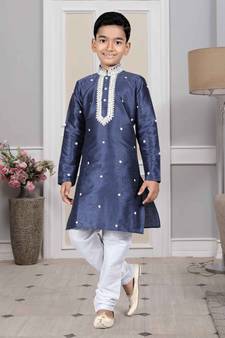 Blue embroidered art silk boys-kurta-pyjama