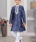 Blue embroidered art silk boys-kurta-pyjama
