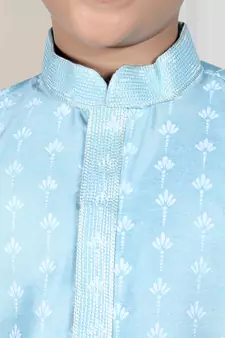 Blue printed art silk boys-kurta-pyjama