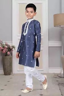 Blue embroidered art silk boys-kurta-pyjama