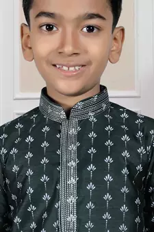 Green printed art silk boys-kurta-pyjama