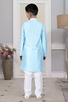 Blue printed art silk boys-kurta-pyjama