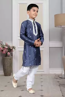 Blue embroidered art silk boys-kurta-pyjama