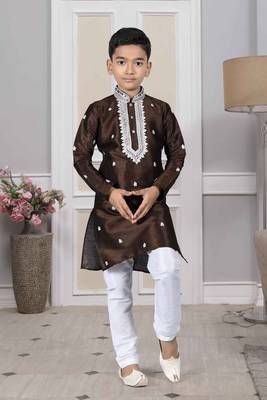 Brown embroidered art silk boys-kurta-pyjama 1