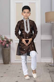 Brown embroidered art silk boys-kurta-pyjama